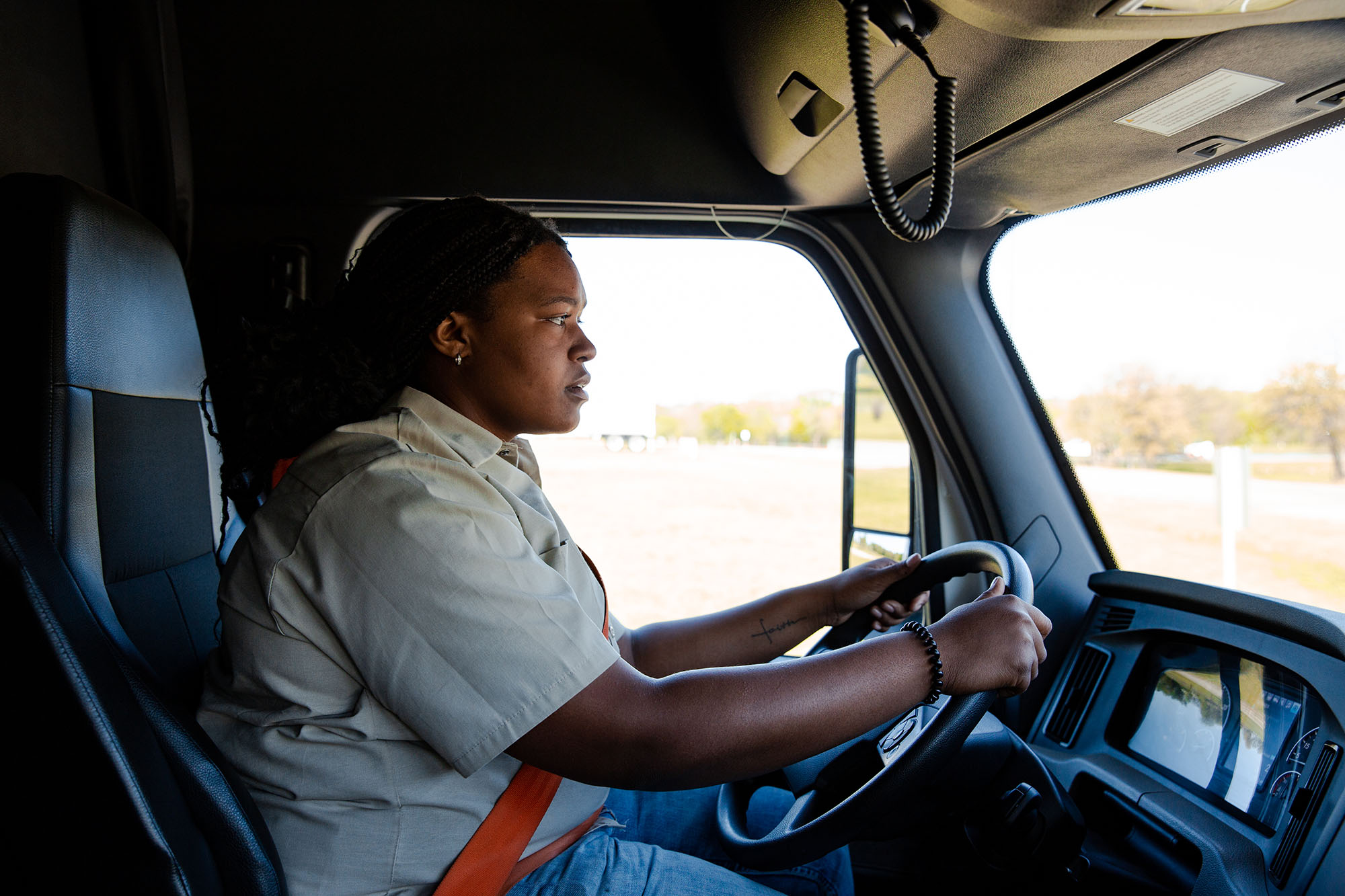 woman driving semi truck at central tech truck driver training